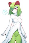 breasts clothing female green_body green_hair hair long_arms medium_breasts red_eyes simple_background solo white_body white_clothing alfa_kronoxis nintendo pokemon generation_3_pokemon humanoid kirlia pokemon_(species) absurd_res hi_res