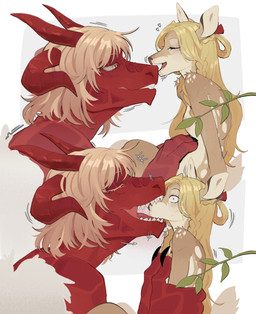 alternate_species anthro areola biped bite breasts brown_body brown_fur brown_tail countershade_torso countershading duo eyes_closed female female/female fur furrification horn muzzle_in_mouth nude nude_anthro nude_female open_mouth red_body red_horn red_scales scales side_view size_difference spots tail teeth tongue yellow_eyes raccoattack delicious_in_dungeon mythology falin_touden marcille_donato deer dragon mammal mythological_creature mythological_scalie scalie 2025 digital_drawing_(artwork) digital_media_(artwork) hi_res