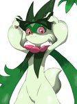 :3 ambiguous_gender anthro fur green_body green_fur looking_at_viewer mask red_eyes simple_background smile solo standing unmasked unmasking white_background momori nintendo pokemon felid feline generation_9_pokemon mammal meowscarada pokemon_(species) 3:4 hi_res