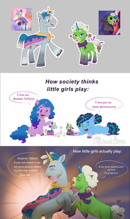 bodily_fluids cape clothing dialogue female feral horn male playing ponification scarf screencap tears text young mythicalartist34 hasbro mlp_g5 my_little_pony mythology izzy_moonbow_(mlp) madame_taffytail_(mlp) misty_brightdawn_(mlp) senor_butterscotch_(mlp) equid equine mammal mythological_creature mythological_equine unicorn absurd_res comic english_text hi_res