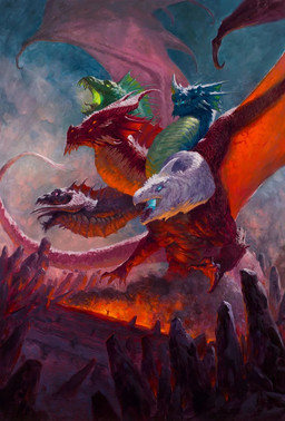 5_heads ambiguous_gender blue_body blue_scales claws duo dutch_angle extreme_size_difference fire flying green_body green_scales macro membrane_(anatomy) membranous_wings multi_head open_mouth red_body red_scales scales sharp_teeth size_difference solo_focus standing tail teeth tongue tongue_out wings tyler_jacobson mythology tiamat_(dnd) dragon human mammal mythological_creature mythological_scalie scalie hi_res official_art female_(lore)