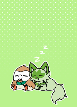2_toes 3_toes ambiguous_gender beak dotted_background duo eyes_closed feet feral green_background green_body pattern_background simple_background sitting sleeping smile sound_effects toes vowelless vowelless_sound_effect zzz kangwolf nintendo pokemon avian bird felid feline generation_7_pokemon generation_9_pokemon mammal pokemon_(species) rowlet sprigatito absurd_res hi_res