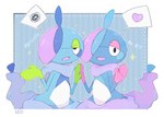 ambiguous_gender anthro blue_body dialogue duo gloves_(marking) green_markings hair half-closed_eyes markings multicolored_body multicolored_hair narrowed_eyes open_mouth pink_markings text white_body nanakusa_leo nintendo pokemon drizzile generation_8_pokemon pokemon_(species) shiny_pokemon pictographics signature