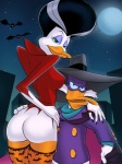 anthro beak big_butt bottomless butt clothed clothing costume duo female green_eyes hair legwear looking_at_viewer male multicolored_hair stockings two_tone_hair sunsetriders7 darkwing_duck disney ducktales drake_mallard morgana_macawber anatid anseriform avian bat bird duck mammal 3:4