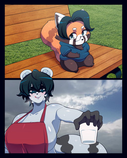 2_panel_comic ambiguous_gender anthro apron apron_only areola areola_slip black_hair blue_eyes chibi clothing duo eyewear female fur glass glasses hair mostly_nude orange_body orange_fur outside red_apron red_clothing sitting size_difference smile tongue tongue_out white_body white_fur butter_sugoi butter_sugoi_(character) ailurid mammal procyonid raccoon red_panda colored comic hi_res