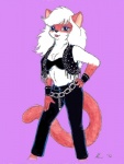 anthro belly biped black_nose blue_eyes bottomwear breasts brown_body brown_fur cleavage clothed clothing female fur hair hand_on_hip long_tail looking_at_viewer multicolored_body multicolored_fur open_mouth pants pose purple_background simple_background solo standing tail topwear two_tone_body two_tone_fur vest white_belly white_body white_fur white_hair mike_sherman domestic_cat felid feline felis mammal 1992 signature