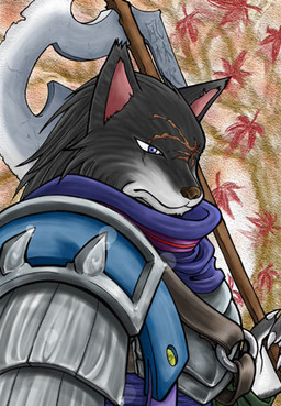 abstract_background anthro armor axe battle_axe greataxe holding_object holding_weapon male melee_weapon plate_armor polearm side_view simple_background solo warrior weapon kabuto0495 canid canine canis mammal wolf bust_portrait portrait