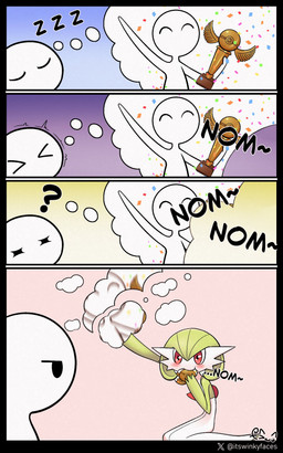 ambiguous_gender award black_text blush dream duo eye_contact eyes_closed fingers green_arms green_body green_hair hair holding_award holding_object holding_trophy looking_at_another onomatopoeia question_mark red_eyes sleeping sound_effects text trophy vowelless vowelless_sound_effect white_body white_text zzz winkyfaces nintendo pokemon twitter gardevoir generation_3_pokemon human humanoid mammal pokemon_(species) 2025 5:8 absurd_res comic hi_res