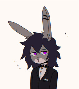 anthro black_clothing black_hair black_suit bow_tie clothing ear_piercing fur grey_body grey_fur hair half-closed_eyes male messy_hair narrowed_eyes piercing purple_eyes simple_background solo sparkles suit white_background crischar_foxito lagomorph leporid mammal rabbit 2025 absurd_res digital_drawing_(artwork) digital_media_(artwork) half-length_portrait hi_res portrait