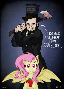 apple axe bat_wings beard black_hair clothing dialogue duo eyebrows facial_hair fangs female food front_view fruit grey_eyes hair hat headgear headwear holding_object holding_weapon imminent_death long_hair looking_at_viewer male melee_weapon membrane_(anatomy) membranous_wings messy_hair necktie pink_eyes pink_hair plant raised_eyebrow red_eyes sparkles standing suit teeth text top_hat weapon wings wolfjedisamuel friendship_is_magic hasbro my_little_pony abraham_lincoln flutterbat_(mlp) fluttershy_(mlp) bat_pony equid human hybrid mammal vampire 2014 english_text hi_res