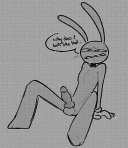 3_toes 4_fingers anthro balls bodily_fluids disgust erection feet fingers furrowed_eyebrows genitals glans grossed_out humanoid_genitalia humanoid_penis hybrid_genitalia hybrid_penis knot knotted_humanoid_penis knotted_penis male nude penis sitting sitting_on_ground solo speech_bubble sweat sweatdrop text throbbing throbbing_penis toes shovelynnne glitch_productions the_amazing_digital_circus jax_(tadc) lagomorph leporid mammal rabbit english_text monochrome