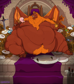 belly big_belly bodily_fluids chair container crown cup drooling empty_plate food furniture goblet hair headgear huge_belly king male meat moobs morbidly_obese morbidly_obese_male obese obese_male orange_hair overweight overweight_male plate red_body royalty saliva sharp_teeth sitting solo teeth throne wings baronshoebat mythology dragon mythological_creature mythological_scalie scalie hi_res