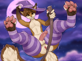 anthro anus balls broom broom_riding brown_body brown_fur brown_hair cleaning_tool clothing erection featureless_chest full_moon fur genitals hair hat headgear headwear humanoid_genitalia humanoid_penis inner_ear_fluff legwear looking_at_viewer male moon outdoor_background outside pattern_clothing pattern_legwear pattern_thigh_highs pawpads penis pink_anus pink_inner_ear pink_pawpads smile smiling_at_viewer solo spread_legs spreading striped_clothing striped_legwear striped_thigh_highs stripes tan_body tan_fur tan_inner_ear_fluff thick_thighs thigh_highs tuft witch_hat yellow_eyes inkoofficail inko_(inkoofficail) caracal caracal_(genus) felid feline mammal 2025 digital_drawing_(artwork) digital_media_(artwork) english_description hi_res