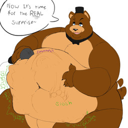 abdominal_bulge anthro belly big_belly bow_tie brown_body brown_fur clothing fur hat headgear headwear huge_belly male male_pred overweight overweight_male prey_outline rumbling_stomach same_size_vore struggling struggling_prey top_hat vore rockaus15 five_nights_at_freddy's scottgames freddy_(fnaf) bear mammal absurd_res hi_res