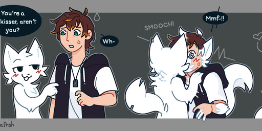 4_fingers 5_fingers ahegao anthro anthro_transformation bedroom_eyes black_eyes black_nose black_speech_bubble blush blush_lines bodily_fluids border brown_hair clone_transformation clothing dialogue dog_tags drooling duo ear_piercing fingers fur green_eyes grey_background grey_border hair heart_symbol human_to_anthro kissing light_body light_skin looking_pleasured male male/male male_anthro male_human mid_transformation narrowed_eyes open_mouth open_smile piercing questionable_consent saliva seductive shirt simple_background smile smooch_(sound_effect) species_transformation speech_bubble sweat sweaty_face t-shirt tail talking_to_another teeth text topwear transformation transformation_sequence transformation_through_kiss tuft twinning white_body white_clothing white_fur white_shirt white_t-shirt white_tail white_text white_topwear white_tuft worried_look tunafrsh boy_kisser_(meme) silly_cat_(mauzymice) domestic_cat felid feline felis human mammal 2025 absurd_res artist_name english_text hi_res meme
