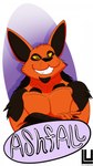 anthro badge beard black_beard black_body black_claws black_ears black_eyes black_facial_hair black_fur black_nose border claws crossed_arms facial_hair finger_claws fur long_ears looking_at_viewer male one_eye_closed orange_body orange_fur pecs prick_ears purple_background shadow sharp_teeth simple_background solo teeth text white_border wink winking_at_viewer yellow_sclera lu123 canid canine fox mammal 2022 9:16 english_text hi_res signature