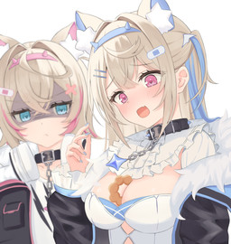 accessory ahoge animal_ears band-aid bandage big_breasts black_choker black_clothing black_coat black_jewelry black_necklace black_topwear blonde_hair blue_eyes blue_nails breast_envy breasts choker cleavage clothed clothing coat colored_nails cute_fangs dessert dress duo electronics fake_horns fangs female fluffy_ears food food_on_breasts fur_coat hair hair_accessory hair_between_eyes headgear headphones headset highlights_(coloring) jewelry long_hair mochi_doughnut multi_ear nails necklace open_mouth pink_eyes shadow_face shirt short_hair simple_background teeth topwear white_background white_clothing white_dress white_shirt white_topwear melvis hololive hololive_en vtuber fuwawa_abyssgard mococo_abyssgard animal_humanoid canid canid_humanoid canine canine_humanoid dog_humanoid humanoid mammal mammal_humanoid hi_res
