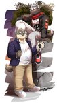 anthro boots bottomwear brown_body brown_fur clothed clothing duo footwear fur hair jacket looking_at_viewer male multicolored_body multicolored_fur pants scar shirt shoes sitting tail topwear two_tone_body two_tone_fur white_hair chuurow lifewonders tokyo_afterschool_summoners moritaka_(tas) tadatomo_(tas) canid canine canis domestic_dog mammal 2024 hi_res