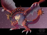 armor bandai_namco capcom claws crossover digimon digimon_(species) feral flying flying_wyvern greymon headgear helmet hybrid male monster_hunter pecs rath_wyvern rathalos rathgreymon red_body red_scales scales solo sutunununu wings