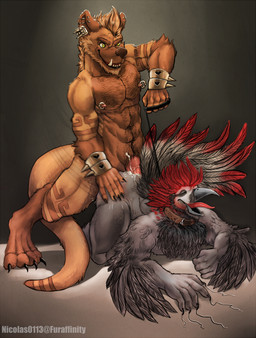 anal anal_penetration anthro anthro_on_anthro anthro_penetrated anthro_penetrating anthro_penetrating_anthro arm_tuft beard body_hair bracelet brown_collar brown_hair chest_hair collar duo ear_piercing elbow_tuft erection eyes_closed facial_hair feathers from_behind_position genitals grey_body grey_feathers hair head_feathers industrial_piercing_ladder jewelry male male/male male_anthro male_penetrated male_penetrating male_penetrating_male muscular muscular_anthro muscular_male nipple_piercing nipple_ring nipples nude open_mouth penetration penile penile_penetration penis penis_in_ass piercing red_penis ring_piercing sex short_hair spiked_bracelet spikes tongue tongue_out tuft vein veiny_penis winged_arms wings yellow_eyes chumbasket chumbasket_(character) avian hybrid hyena mammal mustelid otter absurd_res hi_res