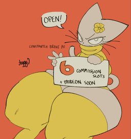 5_fingers advertisement anthro big_butt black_nose bottom_heavy butt cat_tail clothed clothing curvy_figure dialogue eyelashes femboy fingers flower flower_on_head front_view fur gesture hand_gesture holding_object holding_sign huge_butt huge_hips huge_thighs humanoid_hands hyper hyper_butt hyper_thighs legwear long_sleeves long_whiskers looking_at_viewer male narrowed_eyes no_underwear open_mouth orange_background plant pointy_ears seductive sign simple_background solo speech_bubble stockings sweater tail teapot_(body_type) text text_on_sign thick_thighs thigh_highs topwear turtleneck v_sign voluptuous voluptuous_anthro voluptuous_male whiskers white_body white_eyes white_fur wide_hipped_anthro wide_hipped_male wide_hips yellow_clothing yellow_flower yellow_legwear yellow_stockings yellow_sweater yellow_thigh_highs yellow_topwear yellow_turtleneck tuggg tika_(tuggg) domestic_cat felid feline felis mammal 2025 artist_name colored digital_drawing_(artwork) digital_media_(artwork) english_text flat_colors hi_res