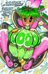 anthro big_breasts black_eyes bodily_fluids bow_tie breasts butt clothed clothing condom covering covering_crotch eyelashes female flower for_a_head green_body green_skin hand_behind_head heart_in_mouth huge_breasts leaf leaf_hair leotard long_tail looking_at_viewer lying on_back one_eye_half-closed open_mouth open_smile plant plant_hair plant_pot potted_plant pseudo_hair sexual_barrier_device smile solo spiral_eyes sweat sweatdrop tail text tight_clothing goatboydraws blaster_master kanna_(blaster_master) elemental_creature flora_fauna object_head absurd_res english_text hi_res