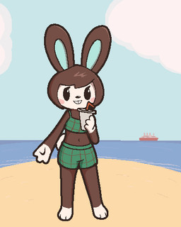 anthro beach blue_inner_ear brown_body brown_fur container cup drinking_straw female fur gloves_(marking) leg_markings looking_at_viewer markings navel sand sea ship socks_(marking) solo standing vehicle water watercraft white_body white_fur knaxley animal_crossing nintendo carmen_(animal_crossing) lagomorph leporid mammal rabbit 2026 digital_drawing_(artwork) digital_media_(artwork) english_description low_res