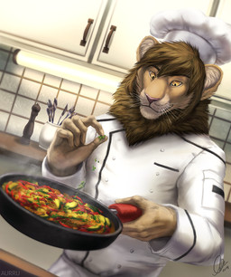 5_fingers anthro brown_hair brown_mane chef chef_hat clothed clothing cooking cookware cutlery detailed_background fingers food fork frying_pan fur hair hat headgear headwear holding_object jacket kitchen kitchen_knife kitchen_utensils knife male mane pink_nose smile solo tan_body tan_fur tile tile_wall tools topwear uniform wall_(structure) whiskers yellow_eyes aurru felid lion mammal pantherine 2019 digital_media_(artwork)