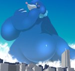 anthro anthrofied big_breasts big_butt blue_body blush breasts butt female fog frill_(anatomy) huge_breasts huge_butt landscape_dwarfing looking_back macro membrane_(anatomy) membranous_frill neck_frill pokemorph kify nintendo pokemon generation_7_pokemon mammal marine pinniped pokemon_(species) popplio 2020 hi_res