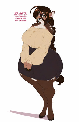 anthro big_breasts bottomwear braided_hair breasts brown_body brown_fur brown_hair clothed clothing cloven_hooves curvy_figure eyewear female fur glasses hair hooves huge_breasts huge_hips long_hair monotone_background multicolored_body multicolored_fur pencil_skirt simple_background skirt solo standing sweater text thick_thighs topwear unguligrade voluptuous white_background white_body wide_hips inu-sama francesca_(inu-sama) deer mammal absurd_res english_text full-length_portrait hi_res portrait