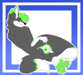 anthro anus blue_eyes butt fur green_anus green_body green_fur green_hair green_pawpads green_paws grey_body grey_fur hair lying male multicolored_body multicolored_fur nude on_side pawpads presenting presenting_anus presenting_hindquarters solo spread_butt spreading white_body white_fur unknown_artist kory_the_fox canid canine fox mammal absurd_res hi_res