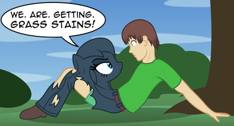 clothing dialogue duo female male sitting text badumsquish hasbro my_little_pony anon fan_character generic_messy_hair_anime_anon equid equine horse human mammal pony english_text hi_res