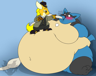 anthro bdsm belly belly_expansion big_belly big_breasts blonde_mane blue_background blue_body blue_fur blush blush_lines bottomwear breasts clothing duo expansion female footwear force_feeding forced fur gloves gulp_(sound_effect) handwear hat headgear headwear hose hose_inflation huge_belly huge_breasts huge_thighs hyper hyper_belly hyper_breasts hyper_thighs immobile inflation male mane navel orange_body orange_fur pants shoes simple_background suit suit_jacket swallowing thick_thighs tube tube_in_mouth weight_gain jouigidragon neopets nintendo pokemon millaroth generation_4_pokemon kyrii lucario neopet_(species) pokemon_(species) 2021