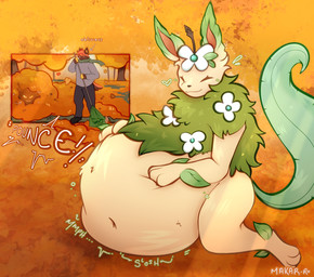 abdominal_bulge ambiguous_gender ambush anthro autumn autumn_leaves belly big_belly bodily_noises detailed_background digestion duo feral feral_pred fusion leaf male onomatopoeia oral_vore pokemon_fusion rumbling_stomach size_difference soft_vore sound_effects surprised text vore makar-ro nintendo pokemon makar_(makar-ro) eeveelution felid feline generation_4_pokemon leafeon mammal pokemon_(species) hi_res