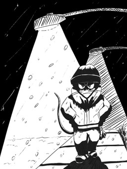 angry anthro biped bottomwear clothing detailed_background hat headgear headwear night outside pants rodent_tail solo standing street_lamp sweater tail topwear walking kanpukugu mammal mouse murid murine rodent 2026 3:4 hi_res monochrome