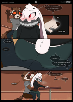 annoyed antennae_(anatomy) anthro black_clothing black_shirt black_topwear blue_bottomwear blue_clothing blush blush_lines bodily_fluids bottomwear brown_body brown_fur bulge bulge_grinding clothing cybernetics detailed_background dialogue female first_person_view fur furniture green_bottomwear green_clothing grey_clothing grey_shirt grey_topwear grinding hands_up head_tuft looking_at_another looking_back machine male mask motion_lines multicolored_body multicolored_fur oblivious on_lap red_eyes scut_tail shirt short_tail side_view sitting sitting_on_another sitting_on_bulge sitting_on_lap speech_bubble steamy_breath sweat sweatdrop sweater table tail teeth text topwear tuft white_body white_fur silentbandit guardians_of_the_galaxy marvel floor_(marvel) rocket_raccoon domestic_rabbit halfworlder lagomorph leporid lop_rabbit mammal oryctolagus procyonid rabbit raccoon absurd_res comic english_text hi_res
