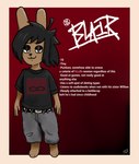 alternative_fashion anthro band_shirt belt bottle_cap bottomwear character_bio clothing eyeshadow feet goth looking_at_viewer makeup male no_shoes pants paws rabbit's_foot rabbit_feet short_stack small_feet smug smug_face solo text teztaz swans_(band) blair_(teztaz) lagomorph leporid mammal rabbit absurd_res english_text hi_res model_sheet