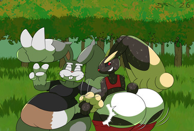 anthro beverage big_butt butt food forest forest_background fur grey_body grey_fur huge_butt liquid_body looking_at_viewer looking_back looking_back_at_viewer male plant rear_view soda tree white_body white_fur dirtymac nintendo pokemon diggersby food_creature generation_4_pokemon generation_6_pokemon lagomorph leporid lopunny mammal pokemon_(species) rabbit absurd_res hi_res