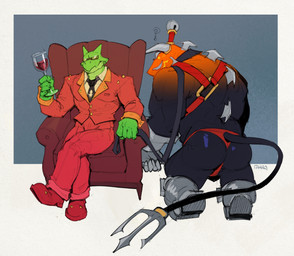 anthro bdsm blush butt clothed clothing collar container cup drinking_glass duo eyewear glass glass_container glass_cup glasses humiliation kneeling leash male male/male muscular muscular_anthro muscular_male necktie petplay roleplay skimpy submissive submissive_male suit thong underwear wine_glass tusky_rayan_(artist) kings_of_hell mythology furcas_(kings_of_hell) mal_leviathan demon dragon mythological_creature mythological_scalie scalie hi_res