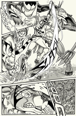 4_toes 5_fingers anthro antlers armor athletic athletic_anthro athletic_male audience barefoot blood bodily_fluids bottomwear breasts butt clothed clothing cutting dialogue duo_focus fangs feet female fight fingers fur gladiator group hair hindpaw hooves horn humanoid_hands knife loincloth male melee_weapon missing_arm missing_leg navel nipples pauldron paws polearm prosthetic prosthetic_leg prosthetic_limb running scissor_(gladiator) speech_bubble teeth text toes topless topless_anthro topless_female topless_male trident warrior weapon daigaijin irlenk_(daigaijin) mazy_(daigaijin) deer dinosaur felid feline mammal prehistoric_species reptile scalie comic english_text hi_res