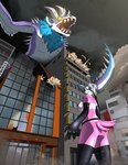 anthro city duo female leaning_on_building macro male superhero nx-42 avian bird blue-footed_booby booby_(bird) kaiju monster sulid suliform absurd_res hi_res tagme