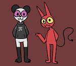 :3 anthro black_eyes clothed clothing duo looking_at_viewer male purple_sclera red_background red_body simple_background spade_tail tail white_body yellow_sclera silly_imp bear giant_panda humanoid imp mammal