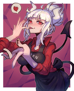 5_fingers apron breasts butt candy chocolate clothing dessert eyebrows female finger_fetish finger_lick finger_play fingers food hair hair_bun heart_symbol horn licking looking_at_viewer markings mole_(marking) not_furry red_eyes simple_background slothing solo spade_tail speech_bubble suit tail text text_on_apron text_on_clothing text_on_topwear tongue tongue_out topwear white_body white_eyebrows white_hair white_horn white_skin nijimaarc helltaker lucifer_(helltaker) demon demon_humanoid humanoid english_text hi_res