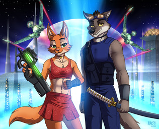 5_fingers anthro arm_wraps black_nose bottomwear breasts brown_body brown_fur canon_couple clothed clothed_anthro clothed_female clothed_male clothing duo eyewear eyewear_on_head female fingers fur goggles goggles_on_head gun humanoid_hands interspecies katana male male/female melee_weapon navel orange_body orange_fur p90 pants pink_nose ranged_weapon skirt smile space spacecraft submachine_gun sword topwear vehicle vest weapon wraps heresy_(artist) dreamworks star_trek the_bad_guys toy-box diane_foxington mr._wolf_(the_bad_guys) canid canine canis fox mammal northwestern_wolf red_fox true_fox wolf 2025 signature