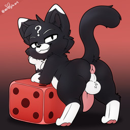 animal_genitalia anus ball_tuft balls black_ears black_tail bluesky_logo dice dipstick_ears ear_markings eyebrows facial_markings facial_tuft feral gambler genitals head_markings inner_ear_fluff looking_at_viewer looking_back looking_back_at_viewer male male_feral markings multicolored_ears paws penis presenting pupils question_mark rear_view semi-anthro sheath slit_pupils solo tail tapering_penis text tuft white_ear_tips y_anus xenoyia mewgenics gambit_(mewgenics) domestic_cat felid feline felis mammal tuxedo_cat 1:1 2026 artist_name colored detailed digital_drawing_(artwork) digital_media_(artwork) full-length_portrait hi_res portrait shaded