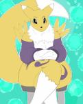 anthro black_sclera blue_eyes breasts cleavage clothed clothing female fluffy fluffy_tail fur mostly_nude solo tail white_body white_fur yellow_body yellow_fur rheumatism bandai_namco digimon canid canine digimon_(species) mammal renamon hi_res