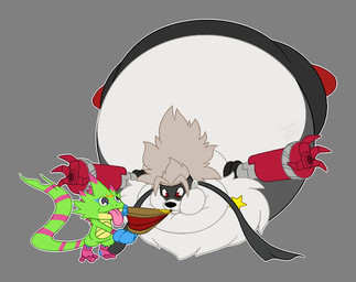 anthro bellows belly belly_expansion big_belly bottomwear clothing cybernetic_arm cybernetic_limb duo expansion female footwear fur green_body green_scales grey_body grey_fur grey_hair hair huge_belly inflation male mask mechanical_arm pants red_eyes scales shoes text tongue tongue_out white_body white_fur yellow_body yellow_scales swearinpencil bandai_namco digimon digimon_beatbreak digimon_(species) gekkomon wolvermon 2026 artist_name digital_media_(artwork)