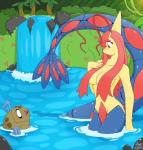 2012 ambiguous_gender anthro breasts censored compression_artifacts convenient_censorship duo feebas female feral generation_3_pokemon hair hair_covering_breasts milotic nintendo noa_gazen partially_submerged pokemon pokemon_(species) water