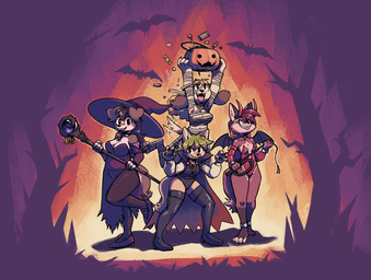 afterimage anklet anthro armwear barefoot big_breasts biped black_nose boots bracelet breasts brown_body brown_fur brown_hair candy cape cheek_tuft chocolate choker claws cleavage clothed clothing costume cute_fangs dessert detached_sleeves devil_costume dress facial_tuft fake_horns fake_wings fangs feet female finger_claws floppy_ears food footwear fur green_hair group hair halloween_bucket hat headgear headwear heart_(marking) holding_object holding_staff holidays jewelry leg_markings legwear leotard lollipop looking_at_viewer magic_staff markings motion_lines mummy_costume mummy_wrappings navel necklace on_one_leg open_mouth open_smile pose shirt_collar shoes small_breasts smile socks_(marking) staff standing tail tail_motion tailwag tan_body tan_fur teeth text thigh_boots thigh_highs toe_claws toeless_(marking) toeless_socks_(marking) tongue_through_teeth tuft vampire_costume whip white_body white_fur witch_costume witch_hat yellow_body yellow_fur fuel_(artist) halloween papaya_(fuel) pepper_(fuel) ambient_bat canid canine canis domestic_dog fox mammal 2025 english_text hi_res signature