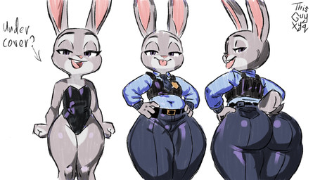 anthro big_butt bunny_costume butt clothing costume directional_arrow female hands_on_hips looking_at_viewer navel_outline open_mouth open_smile police police_uniform purple_eyes scut_tail short_tail smile solo tail text thick_thighs tongue tongue_out uniform wide_hips thisguyxyq disney zootopia judy_hopps european_rabbit lagomorph leporid mammal oryctolagus rabbit english_text hi_res signature
